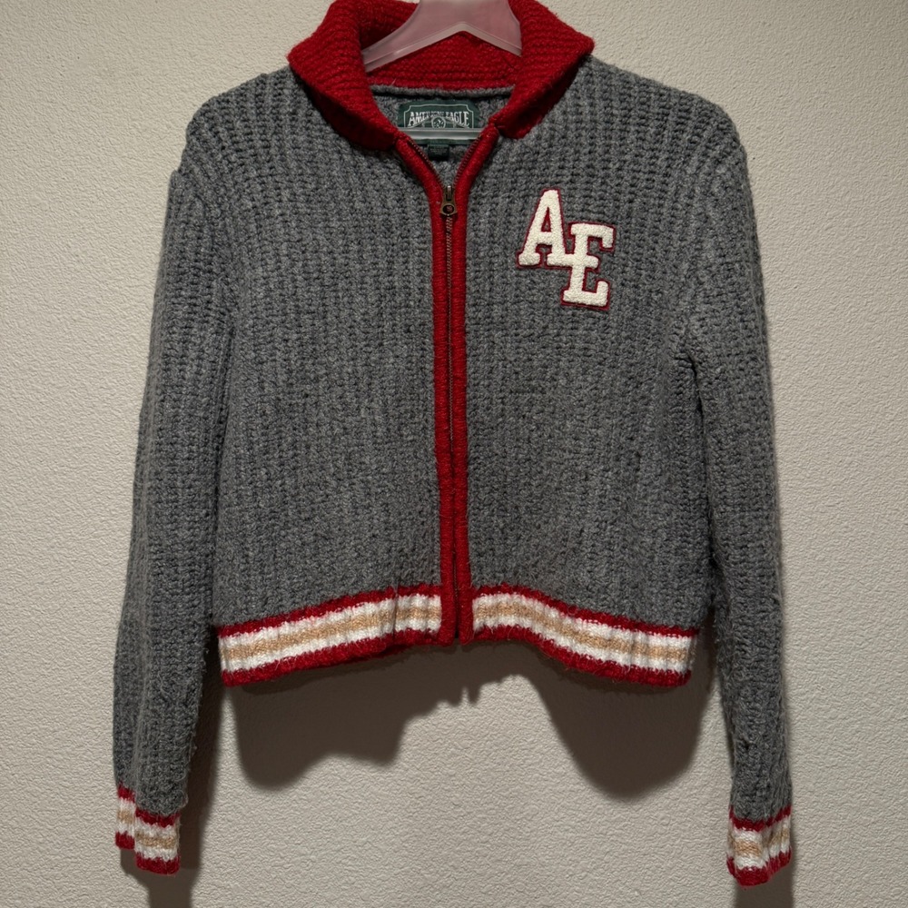 American Eagle Gray Varsity Zip Up Cardigan Sweater - Women's